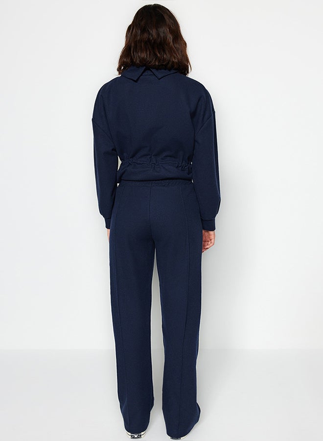 trendyol Navy Blue Thessaloniki Fabric Ribbed Wide Straight/Plain Knit Sweatpants with Pockets TWOAW24EA00021. - Image 5