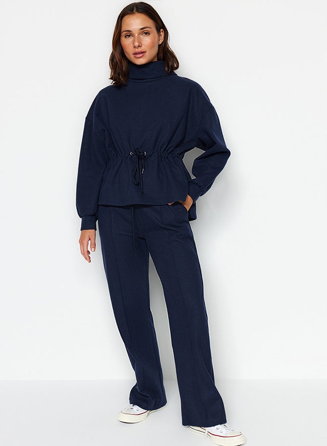 trendyol Navy Blue Thessaloniki Fabric Ribbed Wide Straight/Plain Knit Sweatpants with Pockets TWOAW24EA00021. - Image 1