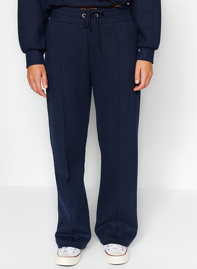 trendyol Navy Blue Thessaloniki Fabric Ribbed Wide Straight/Plain Knit Sweatpants with Pockets TWOAW24EA00021. - Image 4