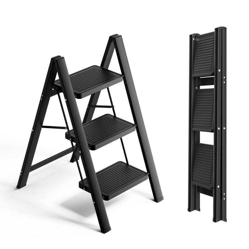 SOLADDER Step Ladder 3 Step Folding Small Step Stool for Adults Portable AntiSlip Iron Stepladder with Wide Pedals for Home and Kitchen Use Space Saving Black 300 lbs