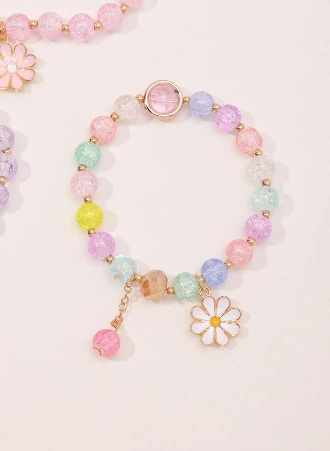 Take Two Pack of 3 - Girls Multi-Color Beaded Bracelets with Flower Charm