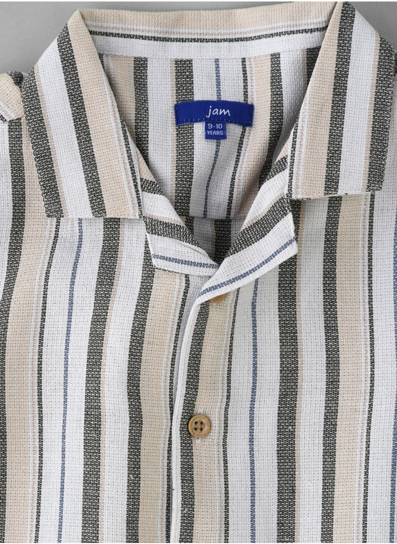 JAM Boys' Beige and Olive Striped Cotton Casual Shirt  - Image 3