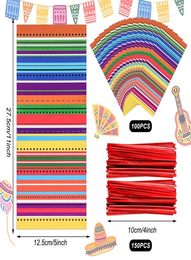 Spakon 100 Pcs Mexican Fiesta Cellophane Treat Bags Mexico Plastic Candy Bags Cinco De Mayo Hispanic Goody Sacks Fiesta Party Favor Goodie Gift Sack Birthday Party Decor, with 150 Red Twist Ties - Image 2