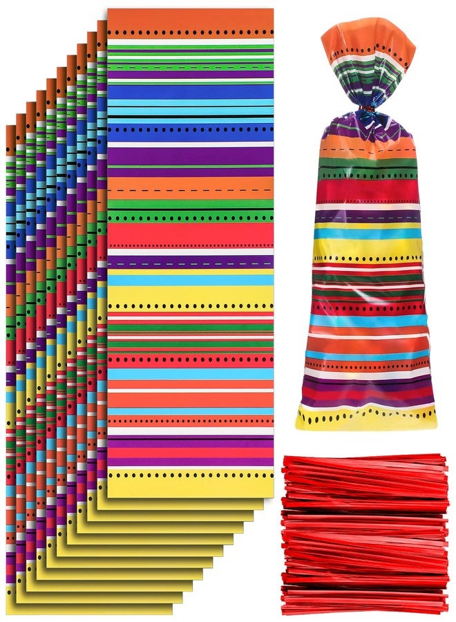 Spakon 100 Pcs Mexican Fiesta Cellophane Treat Bags Mexico Plastic Candy Bags Cinco De Mayo Hispanic Goody Sacks Fiesta Party Favor Goodie Gift Sack Birthday Party Decor, with 150 Red Twist Ties - Image 1
