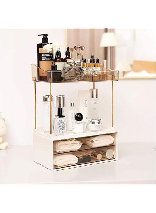 Arabest Elegant 2-Tier 2-Drawer Bathroom Countertop Organizer, Multi-Purpose Makeup & Skincare Organizer, Champagne Gold  - Image 1