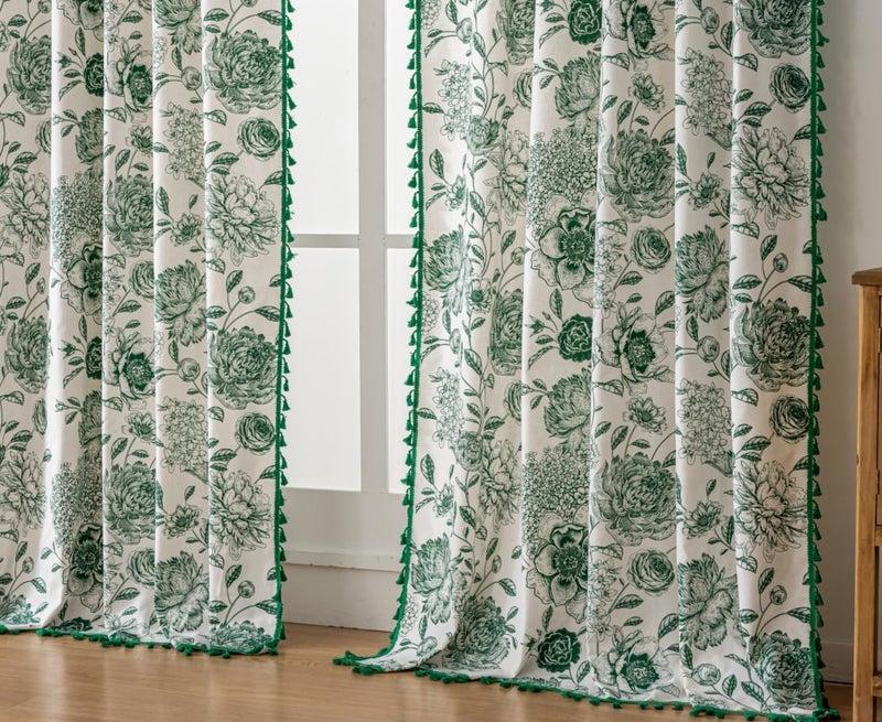 F-CHU Bohemian Curtains for Bedroom 63 Inch Length French Country Floral Drapes Farmhouse Rustic Window Curtain Panels for Bedroom Chic Cotton Linen Blend Toile Curtainï¼Œ2 Panel - Image 5