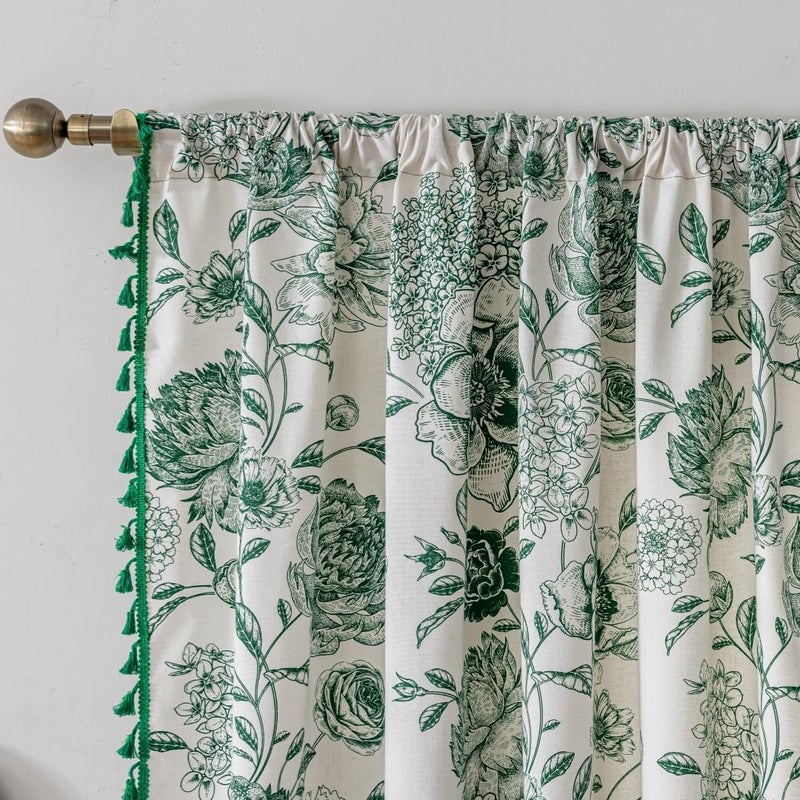 F-CHU Bohemian Curtains for Bedroom 63 Inch Length French Country Floral Drapes Farmhouse Rustic Window Curtain Panels for Bedroom Chic Cotton Linen Blend Toile Curtainï¼Œ2 Panel - Image 4