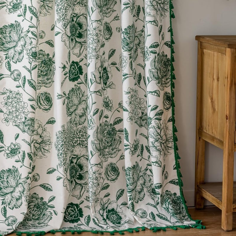 F-CHU Bohemian Curtains for Bedroom 63 Inch Length French Country Floral Drapes Farmhouse Rustic Window Curtain Panels for Bedroom Chic Cotton Linen Blend Toile Curtainï¼Œ2 Panel - Image 3