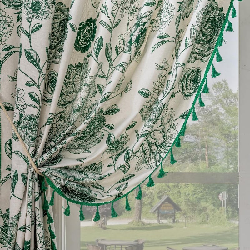 F-CHU Bohemian Curtains for Bedroom 63 Inch Length French Country Floral Drapes Farmhouse Rustic Window Curtain Panels for Bedroom Chic Cotton Linen Blend Toile Curtainï¼Œ2 Panel - Image 1