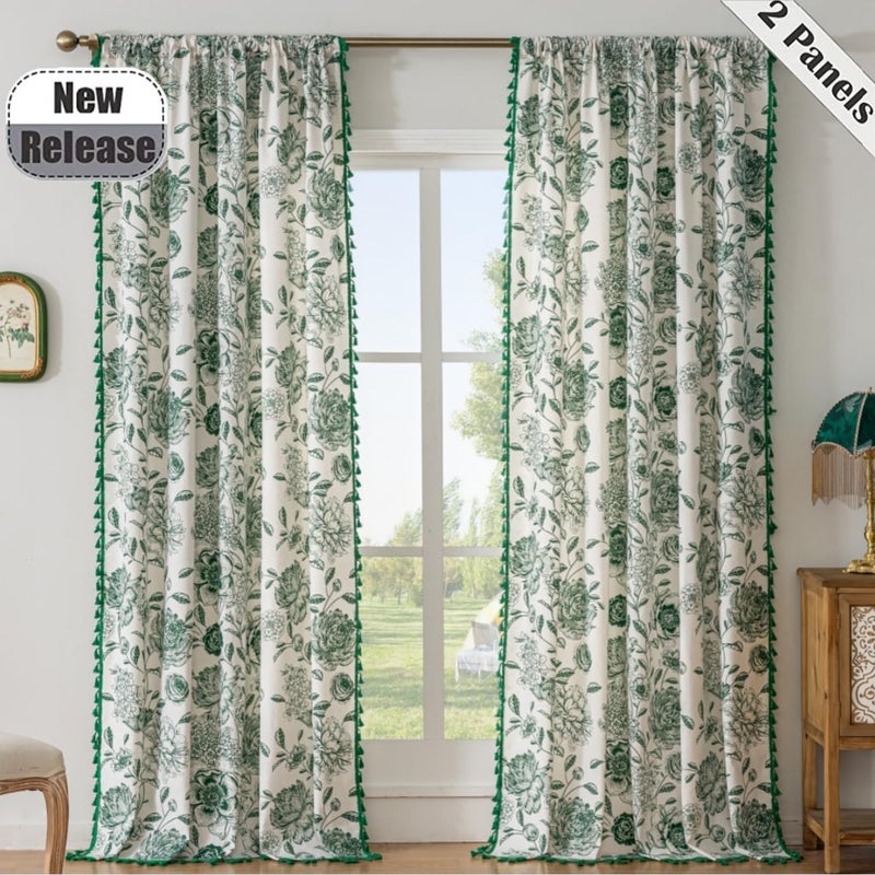 F-CHU Bohemian Curtains for Bedroom 63 Inch Length French Country Floral Drapes Farmhouse Rustic Window Curtain Panels for Bedroom Chic Cotton Linen Blend Toile Curtainï¼Œ2 Panel - Image 2