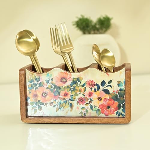 Brick Brown ® Premium Wooden Pastel Flora Cutlery Holder Spoon stand for kitchen | cutlery holder for dining table | wooden caddy storage organiser stand with 3 section Caddy holder (8.2x4.2x4 inch) - Image 3