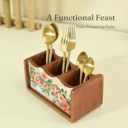 Brick Brown ® Premium Wooden Pastel Flora Cutlery Holder Spoon stand for kitchen | cutlery holder for dining table | wooden caddy storage organiser stand with 3 section Caddy holder (8.2x4.2x4 inch) - Image 2