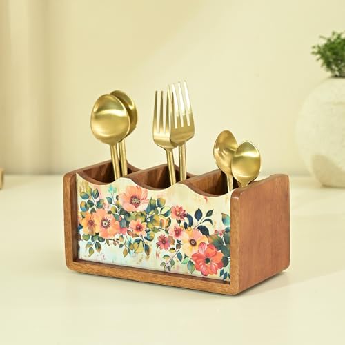 Brick Brown ® Premium Wooden Pastel Flora Cutlery Holder Spoon stand for kitchen | cutlery holder for dining table | wooden caddy storage organiser stand with 3 section Caddy holder (8.2x4.2x4 inch) - Image 1