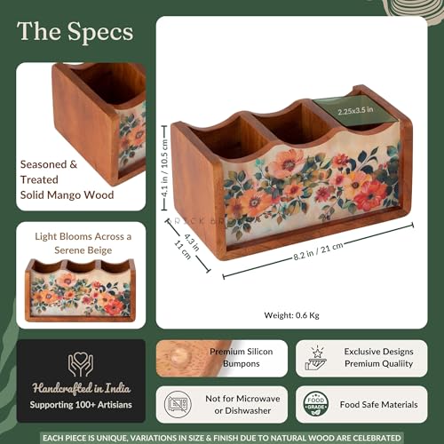 Brick Brown ® Premium Wooden Pastel Flora Cutlery Holder Spoon stand for kitchen | cutlery holder for dining table | wooden caddy storage organiser stand with 3 section Caddy holder (8.2x4.2x4 inch) - Image 4