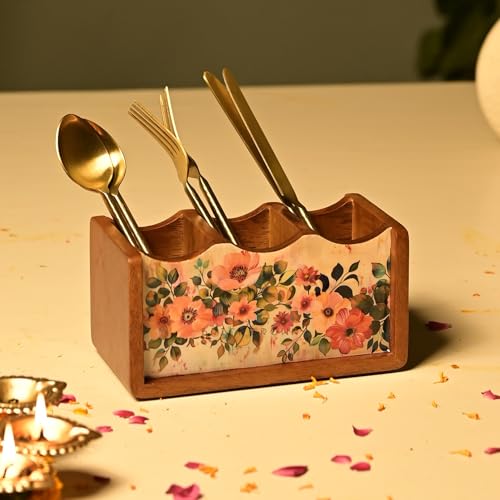 Brick Brown ® Premium Wooden Pastel Flora Cutlery Holder Spoon stand for kitchen | cutlery holder for dining table | wooden caddy storage organiser stand with 3 section Caddy holder (8.2x4.2x4 inch) - Image 5