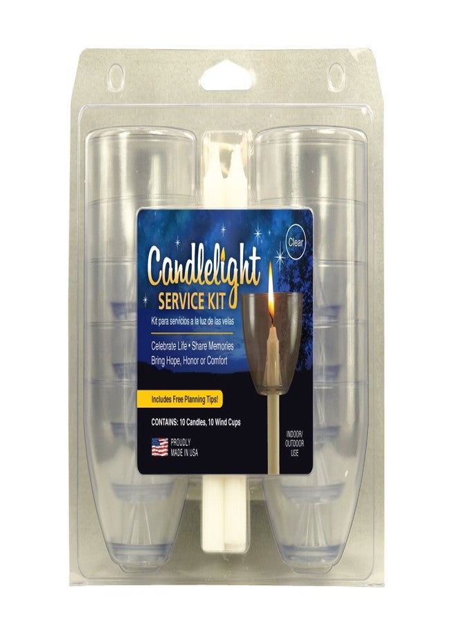 Jenacor Candlelight Service Kit (Pack of 10) Includes (10) Clear Wind/Drip Cups and (10) .5" X 5.375" Unscented White Candles Made in USA - Image 1