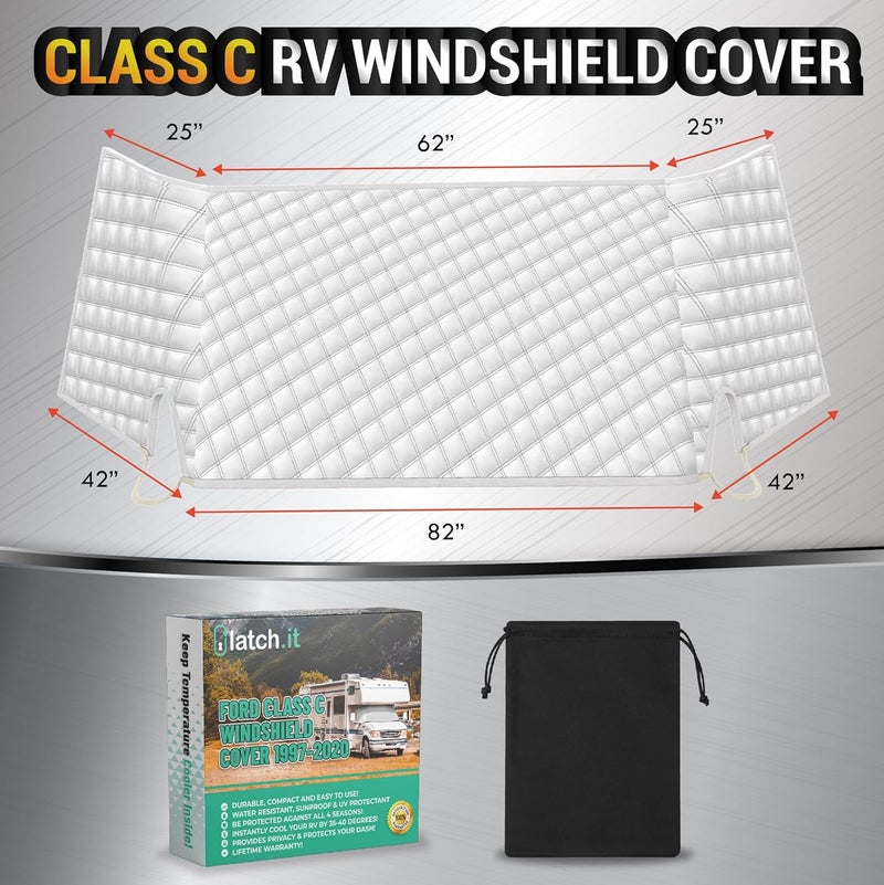 LATCH.IT RV Front Windshield Cover Class C | Front Motorhome, Trailer and Camper Windshield Cover w/Mirror Cutouts & Corner Bands | Compatible for Ford 1997‑2025 | RV Wind Shield Sunshade - Image 2