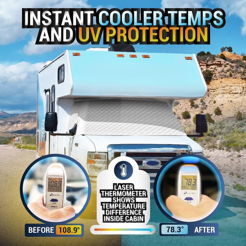 LATCH.IT RV Front Windshield Cover Class C | Front Motorhome, Trailer and Camper Windshield Cover w/Mirror Cutouts & Corner Bands | Compatible for Ford 1997‑2025 | RV Wind Shield Sunshade - Image 3