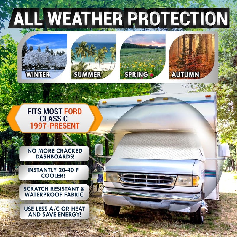 LATCH.IT RV Front Windshield Cover Class C | Front Motorhome, Trailer and Camper Windshield Cover w/Mirror Cutouts & Corner Bands | Compatible for Ford 1997‑2025 | RV Wind Shield Sunshade - Image 5