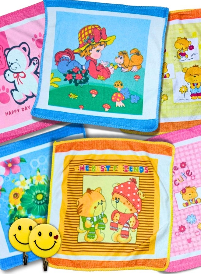 Quarya Cotton Face Towels for Newborn Baby Kids Soft Hankies Small Printed Cartoon Handkerchief Reusable Napkins for Infants Toddlers Girls and Boys (24x24CM) (Pack of 12 Plus 2 Wall Hangers) - Image 1