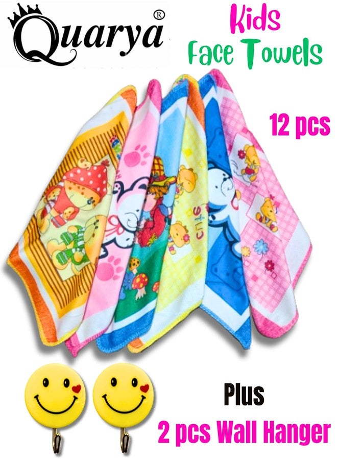 Quarya Cotton Face Towels for Newborn Baby Kids Soft Hankies Small Printed Cartoon Handkerchief Reusable Napkins for Infants Toddlers Girls and Boys (24x24CM) (Pack of 12 Plus 2 Wall Hangers) - Image 2