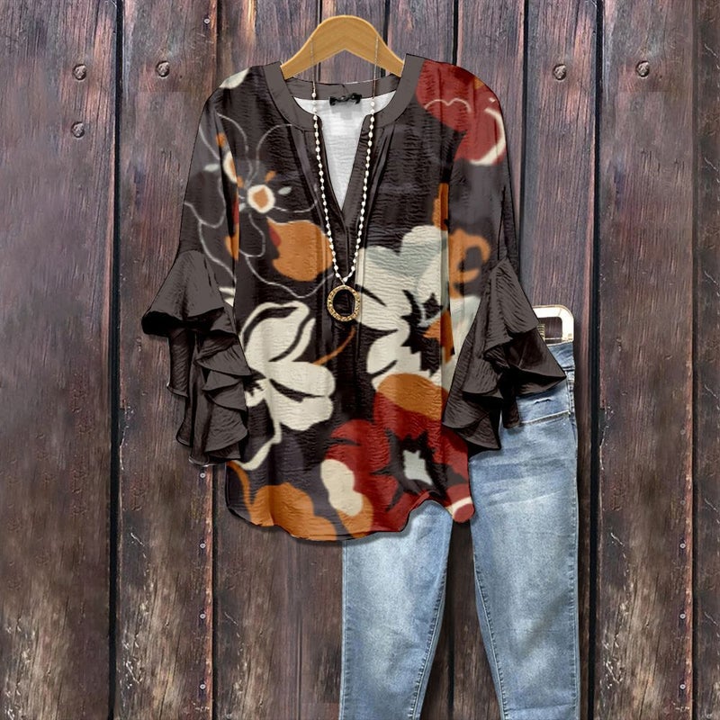 3D New Creative Floral Element Print Digital Print Casual Trendy V-Neck Ruffled Edge T-Shirt for Women - Image 1