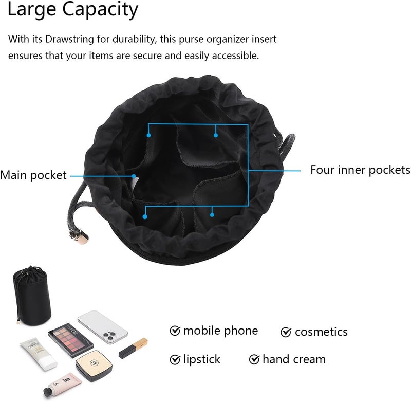 YONBEN Tall Purse Organizer Insert Womens Canvas Handbag Round Cosmetic Pouch Bucket Makeup Bag (L, Nylon-Black) - Image 4