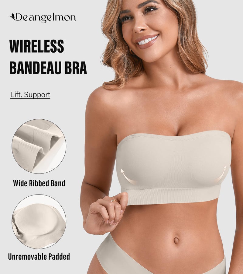 DEANGELMON Strapless Bras for Women Comfort Non-Slip Seamless Padded Bralette Clear Straps Wireless Tube Top Bra Pear White Medium - Image 2