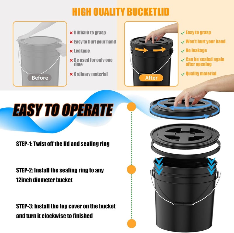 AODESTINY 4 Pieces 5 Gallon Black Bucket Lids, 12inch Leak-proof Plastic Seal Screw Top Airtight Lids, Reusable Drum & Pail Seal Lid for Pet Food Storage, Home Paint Storage and Industrial Storage Buckets - Image 3