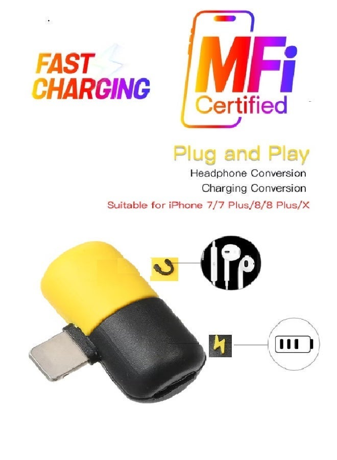 محول فاصل Lightning المزدوج الصغير 2 في 1 (أصفر/أسود) هو ملحق صغير الحجم مصمم خصيصًا لمستخدمي iPhone الذين يحتاجون إلى شحن أجهزتهم أثناء استخدام سماعات رأس أو ملحقات Lightning سلكية في الوقت نفسه. - Image 3