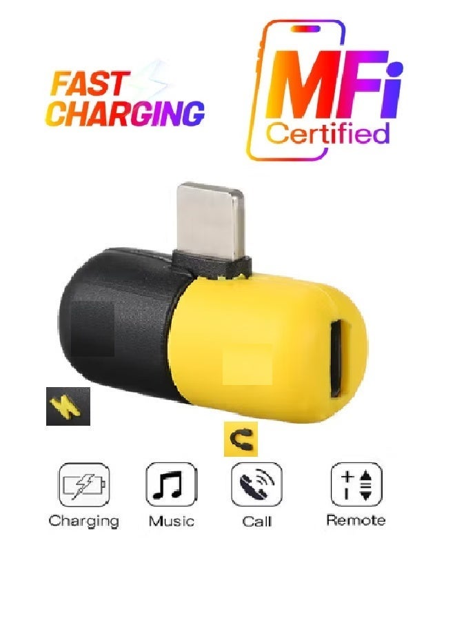 محول فاصل Lightning المزدوج الصغير 2 في 1 (أصفر/أسود) هو ملحق صغير الحجم مصمم خصيصًا لمستخدمي iPhone الذين يحتاجون إلى شحن أجهزتهم أثناء استخدام سماعات رأس أو ملحقات Lightning سلكية في الوقت نفسه. - Image 4