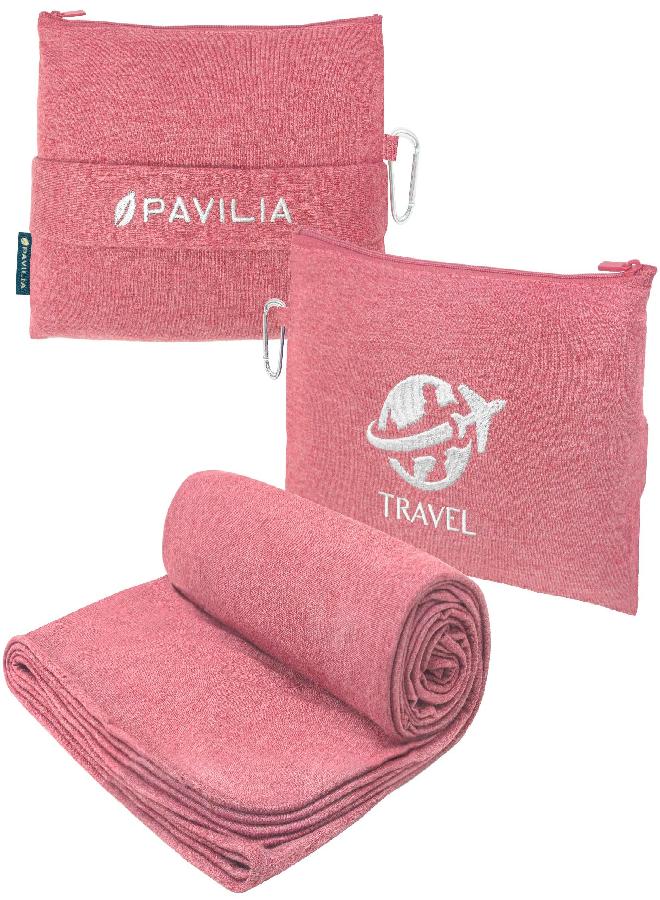 PAVILIA PAVILIA Soft Compact Travel Blanket and Pillow, Foldable Airplane Blanket in Bag, Lightweight Portable Flight Blanket Set with Luggage Strap, Camping Plane Car Home Office Gift Accessories, Pink - Image 1