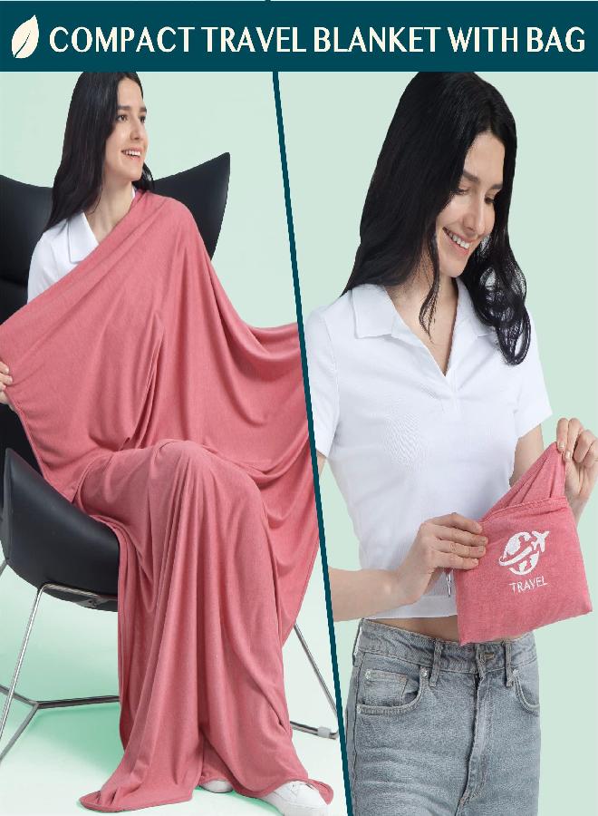PAVILIA PAVILIA Soft Compact Travel Blanket and Pillow, Foldable Airplane Blanket in Bag, Lightweight Portable Flight Blanket Set with Luggage Strap, Camping Plane Car Home Office Gift Accessories, Pink - Image 2