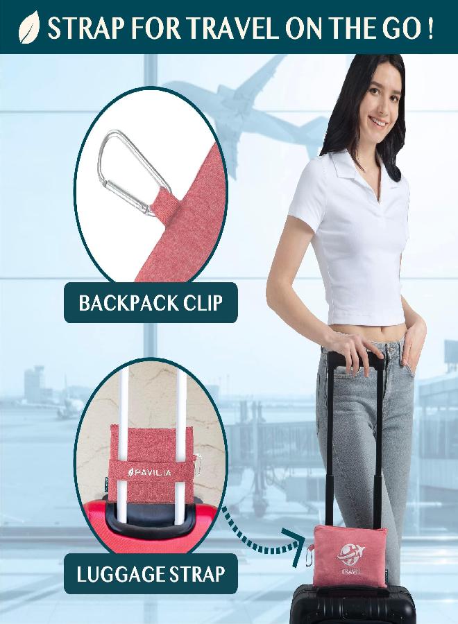 PAVILIA PAVILIA Soft Compact Travel Blanket and Pillow, Foldable Airplane Blanket in Bag, Lightweight Portable Flight Blanket Set with Luggage Strap, Camping Plane Car Home Office Gift Accessories, Pink - Image 3