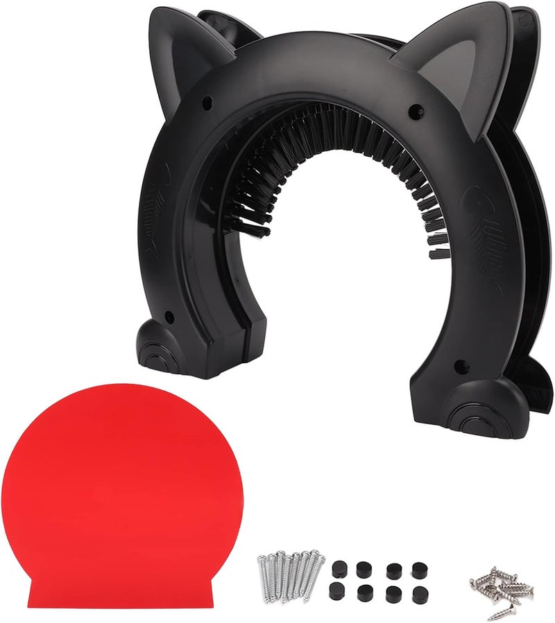 Cat Interior Door with Grooming Brush, Indoor Cat Door Made of Stainless Steel and ABS, Silent Pet Pass with Fish Bone Pattern for Home Use, Fits Hollow or Solid Doors (Black) - Image 1