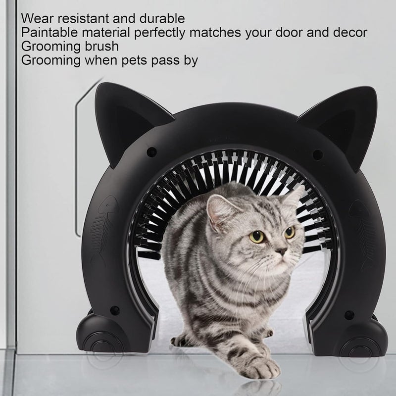 Cat Interior Door with Grooming Brush, Indoor Cat Door Made of Stainless Steel and ABS, Silent Pet Pass with Fish Bone Pattern for Home Use, Fits Hollow or Solid Doors (Black) - Image 4