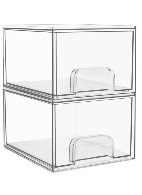 Stackable Makeup Organizer Storage Drawers, 4.4'' Tall Acrylic Bathroom Organizers, Clear Plastic Storage Bins For Vanity, Undersink, Kitchen Cabinets, Pantry Organization and Storage (2 Pack)