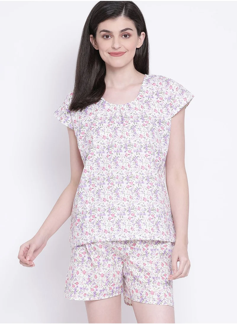 Clovia Pretty Florals Top & Shorts Set - 100%Cotton