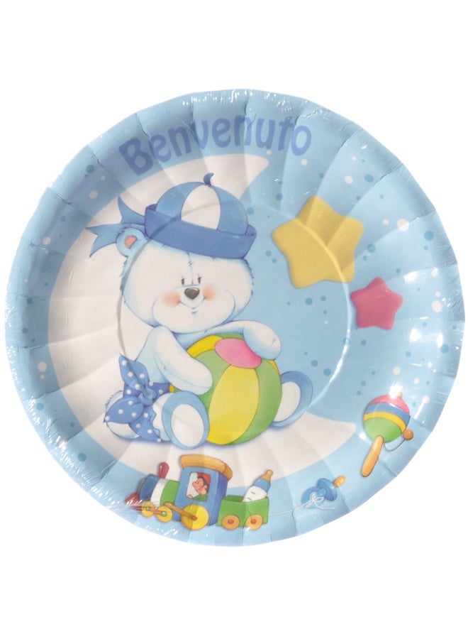 Ciao Blue Teddy Paper Plates 23 cm – Pack of 8 | “Benvenuto” Baby Boy Paper Plates | Cute Teddy Bear Design for Baby Shower, Newborn Welcome & Birthday Party - Image 1