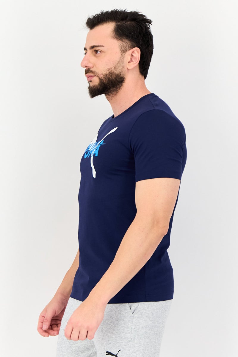 PUMA تي شيرت رياضي للرجال بشعار العلامة التجارية مناسب للخارج، أزرق داكن - Image 2