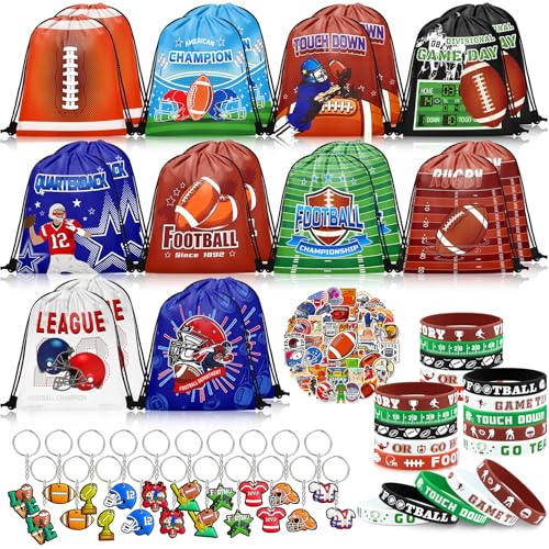 Grneric 110 Pcs Football Party Favors Drawstring Backpack with Keychains Silicone Bracelets Stickers for Sports Birthday Supplies Goodie Bags Football Themed Presents - Image 1