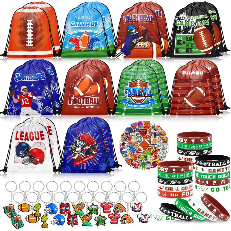 Grneric 110 Pcs Football Party Favors Drawstring Backpack with Keychains Silicone Bracelets Stickers for Sports Birthday Supplies Goodie Bags Football Themed Presents - Image 3