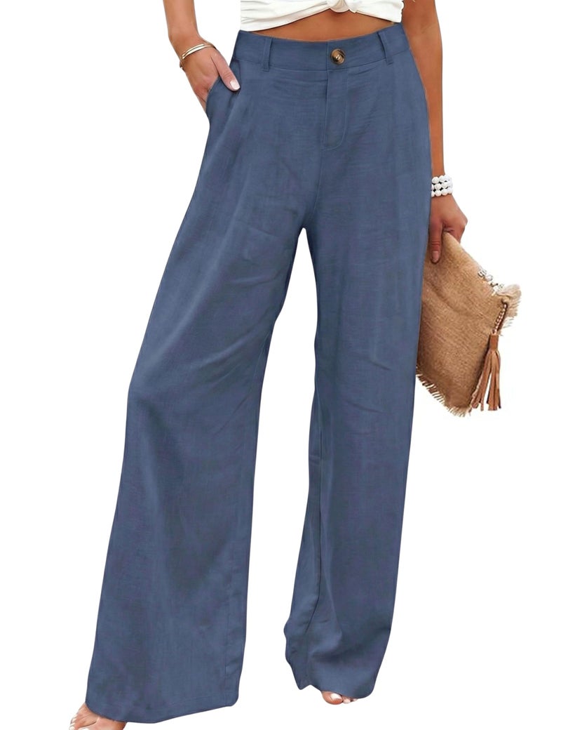 Hooever Womens Cotton Linen Pants Casual Button Up High Waisted Wide Leg Trousers(Greyblue-Medium) - Image 1