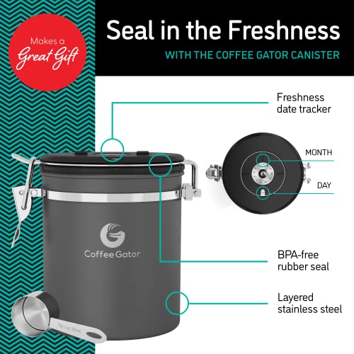 Coffee Gator Coffee Canister, 16oz Airtight Stainless Steel Kitchen Food Storage Container with Date Tracker, Scoop for Sugar,Grounds Coffee, Beans,Tea, Sugar, Cereal, Flour, Cookies Jars - Silver - Image 2