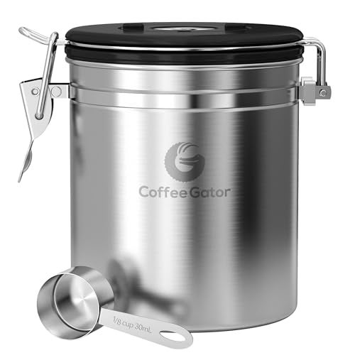 Coffee Gator Coffee Canister, 16oz Airtight Stainless Steel Kitchen Food Storage Container with Date Tracker, Scoop for Sugar,Grounds Coffee, Beans,Tea, Sugar, Cereal, Flour, Cookies Jars - Silver - Image 1