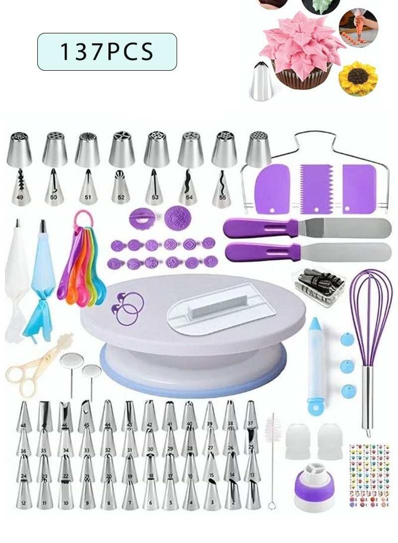 137PCS Cake Decorating Tools Kit Aluminum Stainless Steel Turntable Cake Supplies Baking Spatula Cutter Icing Tip Nozzle Piping Bag Knife for Beginners and Professionals - Image 1