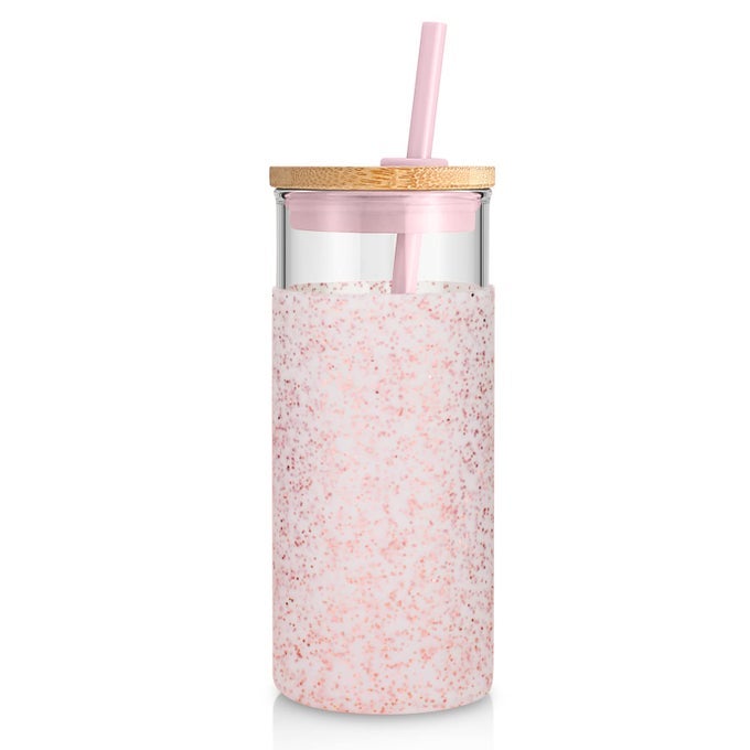 20OZ GLASS TUMBLER GLASS WATER BOTTLE STRAW SILICONE PROTECTIVE SLEEVE BAMBOO LID BPA FREE DOT PINK 1 PACK