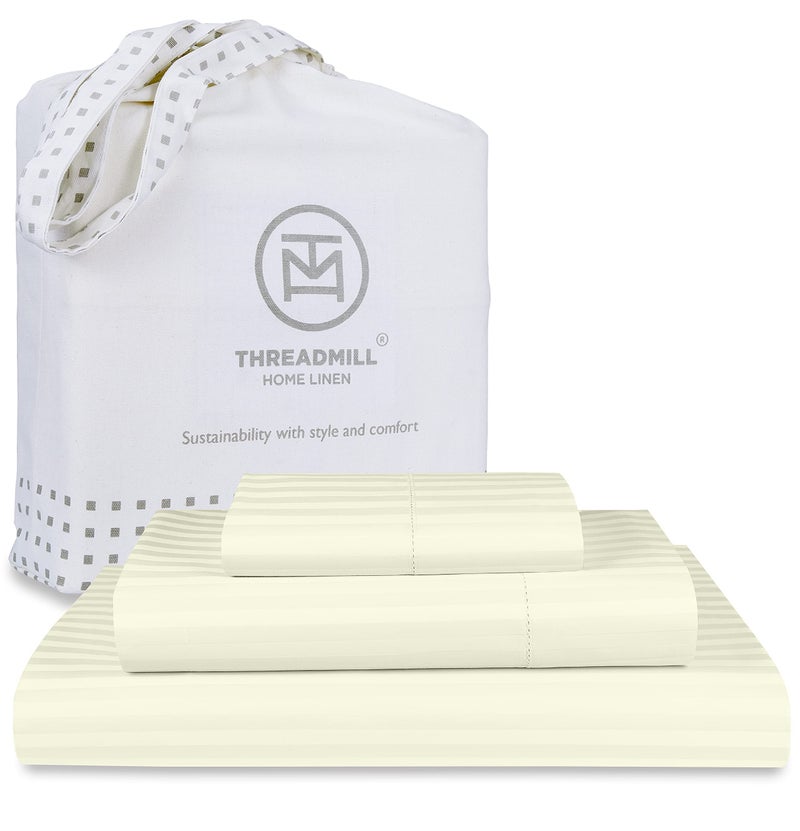 Threadmill 100 Cotton Sheets for Full Size Bed  600 Thread Count Full Bed Sheets Set with 16 Deep Pocket  Damask Stripe Sateen Weave 4Piece Bedding Set with Cooling Effect Ivory