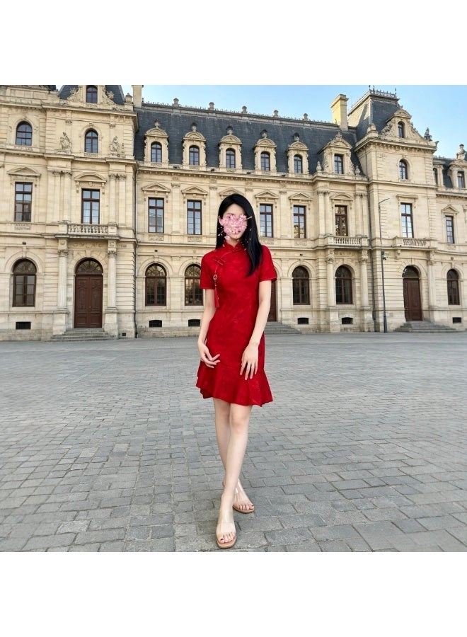 Red Neo‑Chinese Mermaid Qipao Dress, Improved Cheongsam for Engagement and Casual Daily Use - Image 2
