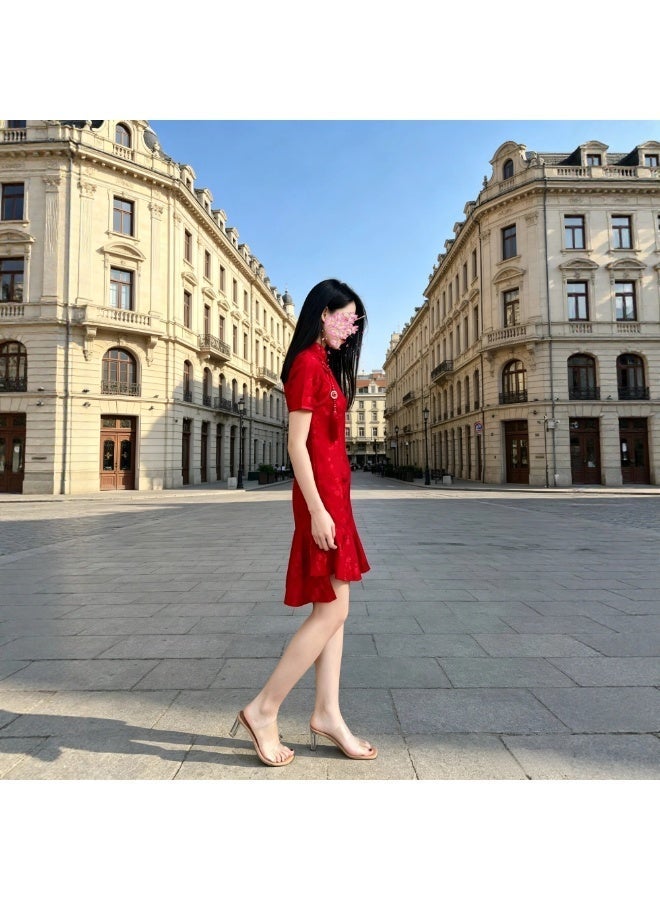 Red Neo‑Chinese Mermaid Qipao Dress, Improved Cheongsam for Engagement and Casual Daily Use - Image 4